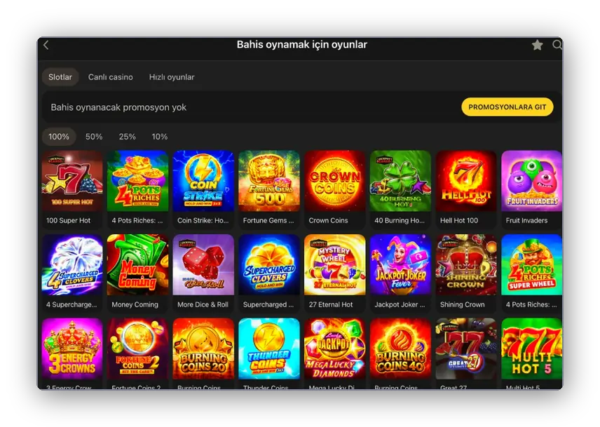 Slot çevrim yüzdesi süzgeci Bonus çevrimi için slot listesi yakından görünüm: %100, %50, %25 ve %10 filtre düğmeleri