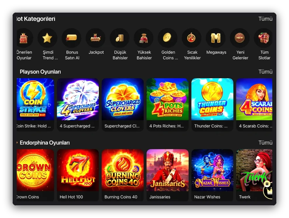 Slot kategori çubuğu Sağlayıcı oyunları satırlarının üstündeki slot kategorileri çubuğu yakından görünüm