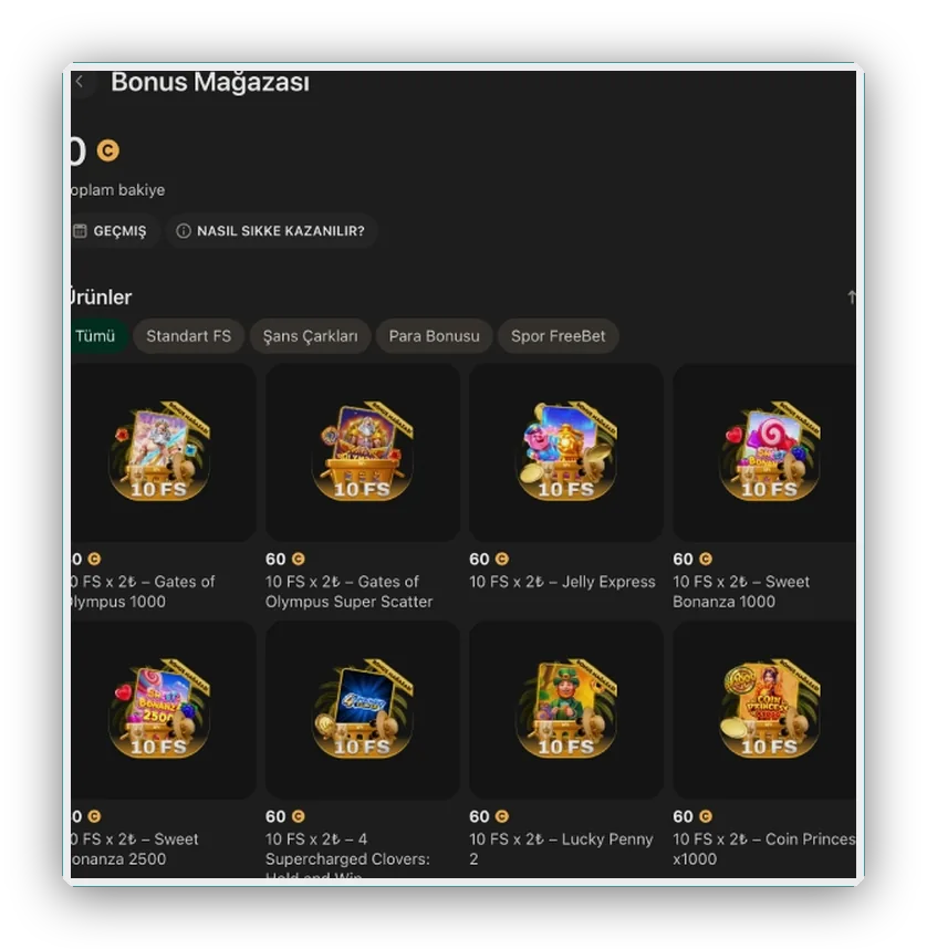 Jetonlu free spin teklifleri Bonus Mağazası yakından görünüm: jeton bakiyesi ve slot kutuları üzerinde free spin teklifleri