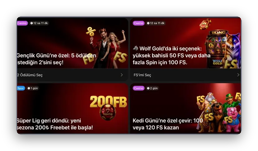 Free spin ve cashback kartları, koyu tema Koyu zeminde dört promosyon kartı yakından görünüm: free spin ve cashback teklifleri