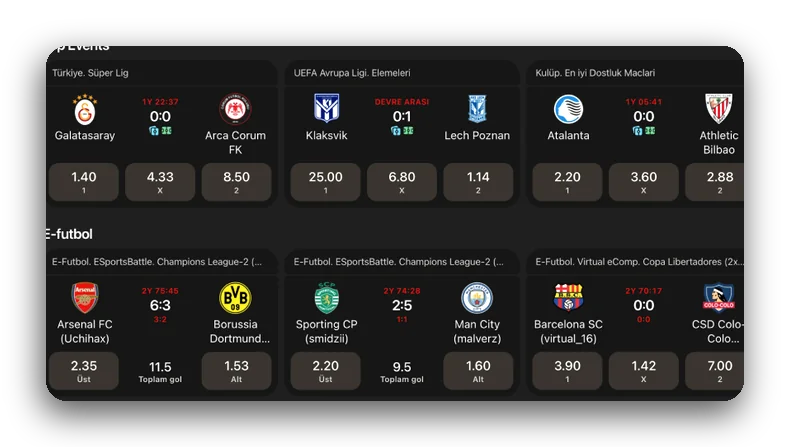 Top Events maçları Top Events listesi yakından görünüm: futbol karşılaşmaları ve 1 X 2 oran butonları