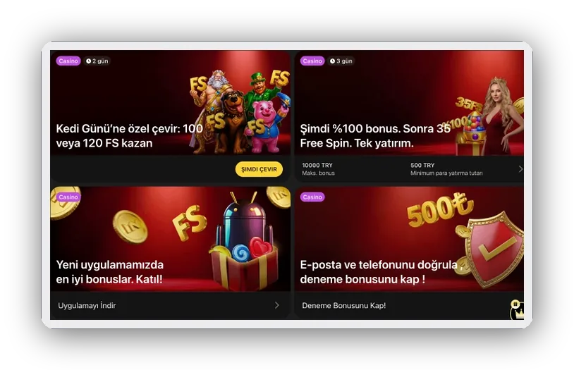 Çeşitli promosyon kartları Dört promosyon kartı yakından görünüm: tematik çevirme etkinliği, yatırım bonusu, uygulama ve deneme bonusu