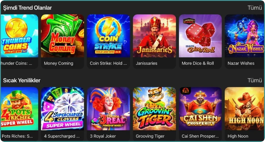 Trend slotlar, yeni çıkanlar Slot lobisinde trend slotlar ve sıcak yeni çıkanlar satırları yakından görünüm