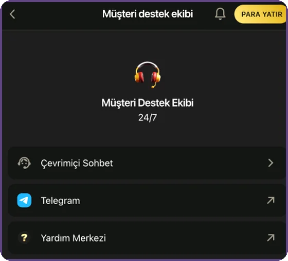 Sohbet, Telegram, Yardım Merkezi menüsü Destek menüsü yakından görünüm: çevrim içi sohbet, Telegram ve Yardım Merkezi girişleri